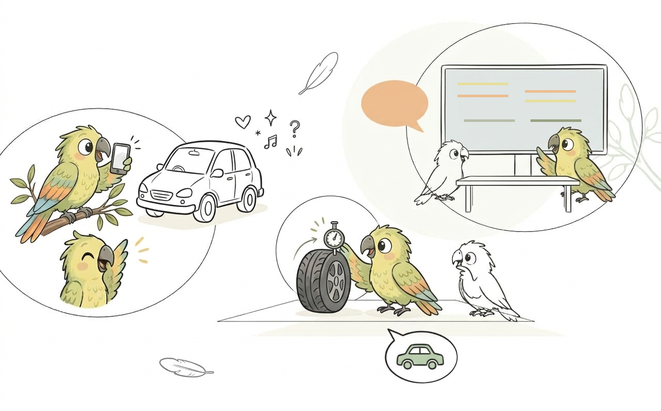  Illustrations of car dealer social media: filming a car, checking a tyre, and presenting service tips